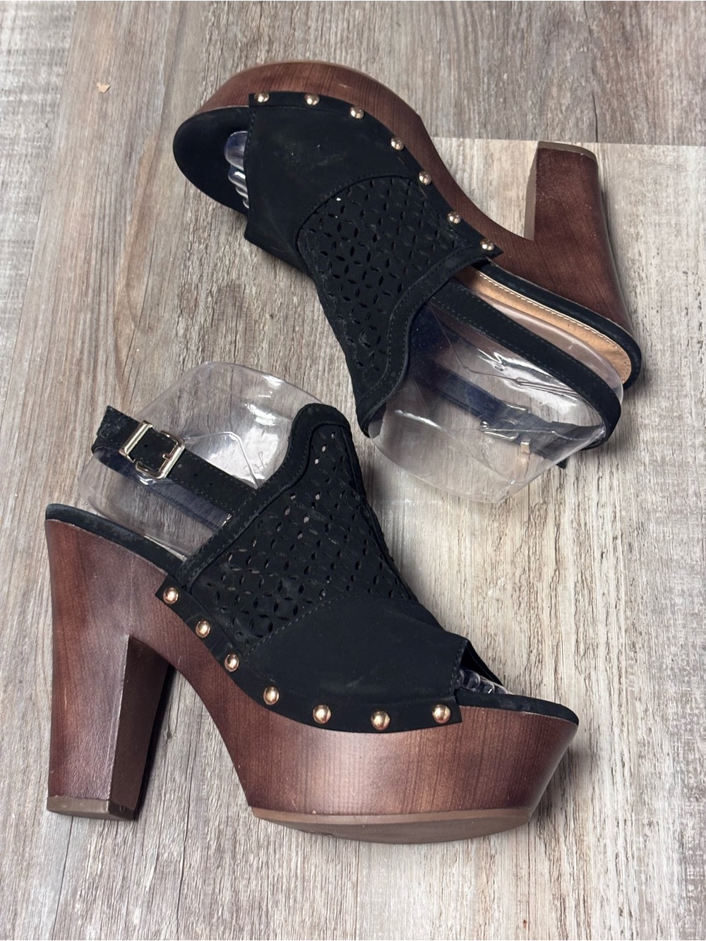 Report Black Cutout Peep-Toe Slingback Platform Wood Heel Clogs